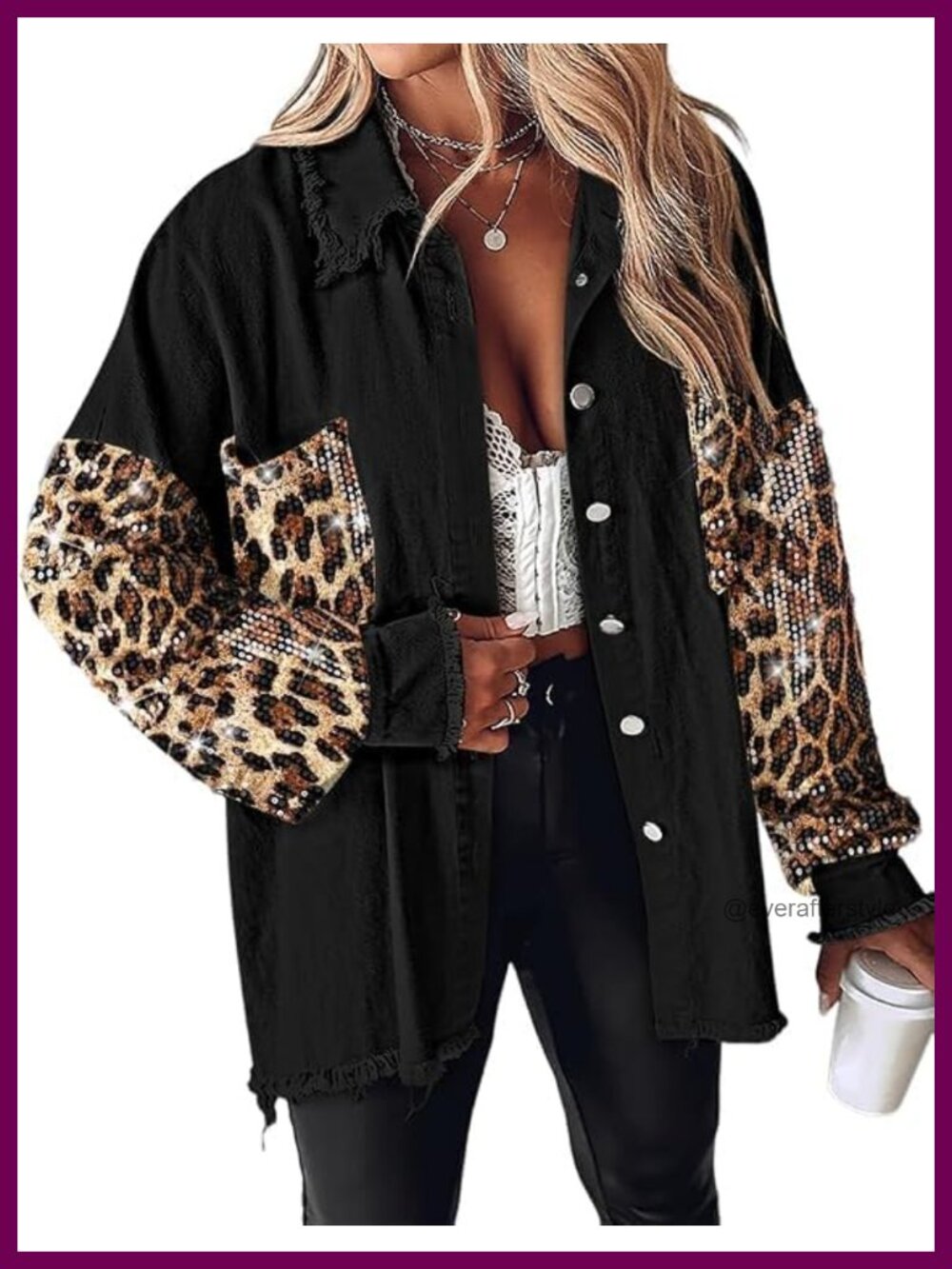Oversized Drop Shoulder Sequin Leopard Shacket Frayed Hem Button